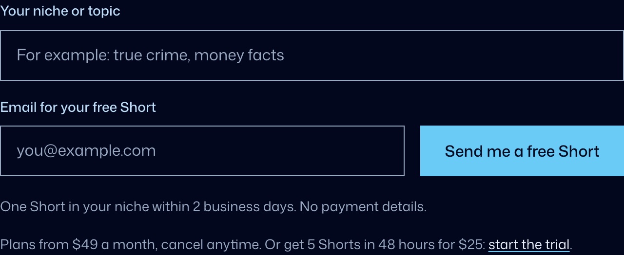 The free sample form on this page: a niche field, an email field and the Send me a free Short button
